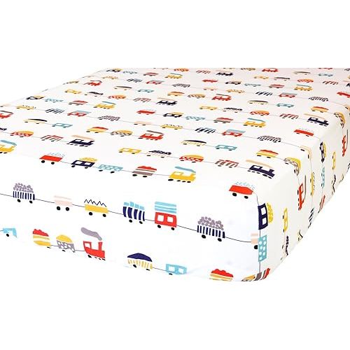 100% Cotton Fitted Crib Sheet - Premium Baby Bedding - Soft, Breathable & Durable - Trains Print