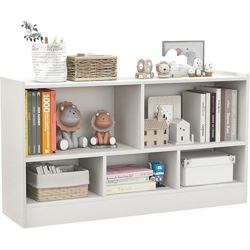 Toy Storage Organizer, 2-Tier Kids Bookshelf, 5 Cube Kids' Bookcases, Cabinets & Shelves, Wooden Toy Organizers, Small Book Shelf for Bedroom, Playroom, Classroom, Nursery (White)