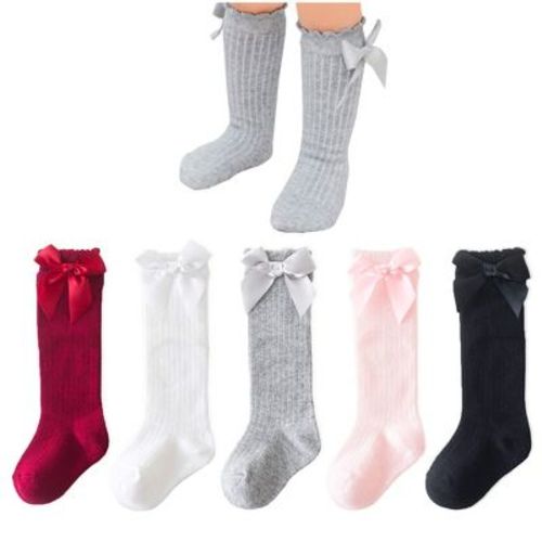 Cozyway Baby & Toddler Knee High Bow Socks, 5 Pack For Girls, White/gray/pink/red/black, 9-18 Months Old