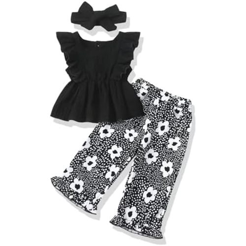 Toddler Baby Girl Clothes Outfit Infant Summer Clothing Ruffle Sleeveless Top Wide Leg Pants Sets for Little Girls