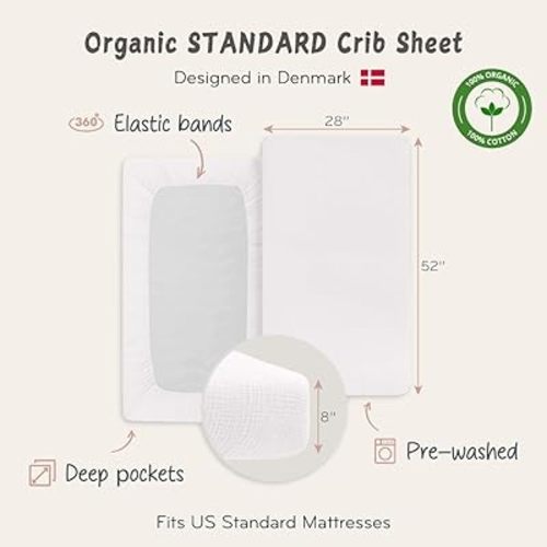 Crib Sheets – Organic Cotton Muslin Fitted Crib Sheet – Standard Size for Baby Boy and Baby Girl 28" x 52" Ultra-Soft and Breathable. (Soft White)
