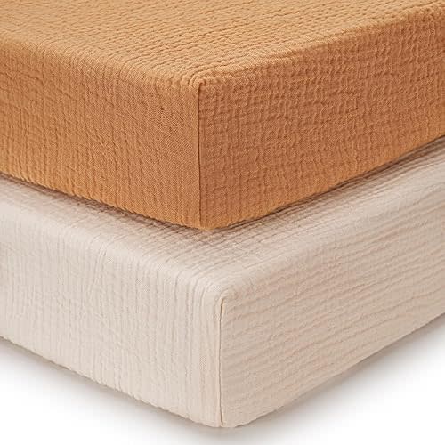 Blissful Diary Muslin Crib Sheets for Girl Boy, Boho Neutral Soft Cotton Baby Sheet for 52''x28'' Standard Crib Mattress, 2 Pack(Retro Yellow&Beige)