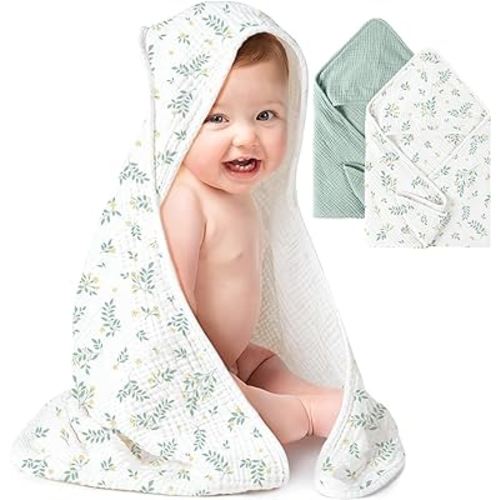 Konssy 2 Pack Muslin Hooded Baby Towels for Newborn Soft 100% Cotton Baby Bath Towel with Hood for Baby, Infant Ultra Absorbent, Baby Stuff Baby Bath Shower Gifts (Green, Leafy,30" x 30")