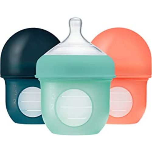 Boon Nursh Reusable Silicone Baby Bottles with Collapsible Silicone Pouch Design - Everyday Baby Essentials - Stage 1 Slow Flow Baby Bottles - Mint - 8 Oz - 3 Count