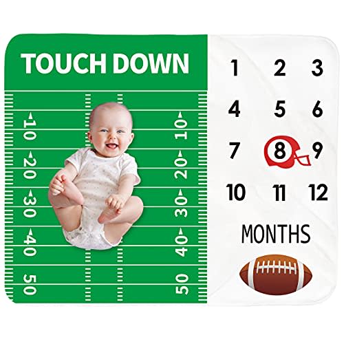Tebaby Baby Monthly Milestone Blanket Boy - Newborn Month Blanket Unisex Neutral Personalized Shower Gift Football Sports Nursery Decor Photography Background Prop with Frame Large 51''x40''