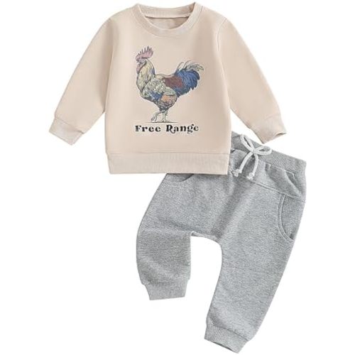 Pudcoco Toddler Baby Boys Girls Fall Clothes Farm Animal Outfit Horse Cow Chicken Sweatshirt and Jogger Pants Set