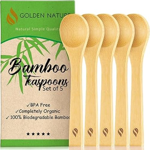 Bamboo Spoon Set (5 Pc), Small Kitchen Teaspoons, Tiny Wooden Spoons Perfect for Sugar, Spices, Seasoning, Coffee, Jam, Herbs, Honey & Dessert