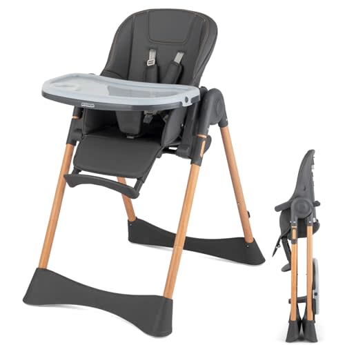 JOYMOR 4 in 1 Folding Baby High Chair for Babies to Toddlers, Infant Eating Foldable Highchair w/Leather Seat Cushion, 4-Position Removeable & Adjustable Tray, 5-Point Harness