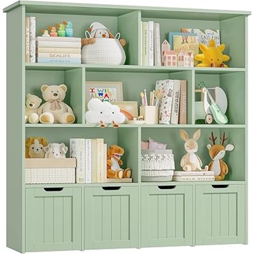 FINETONES Storage Organizer, Bookshelf with 4 Movable Chests and 7 Storage Cubes, Chest Storage with Hidden Wheels, Organizers and Storage, Green