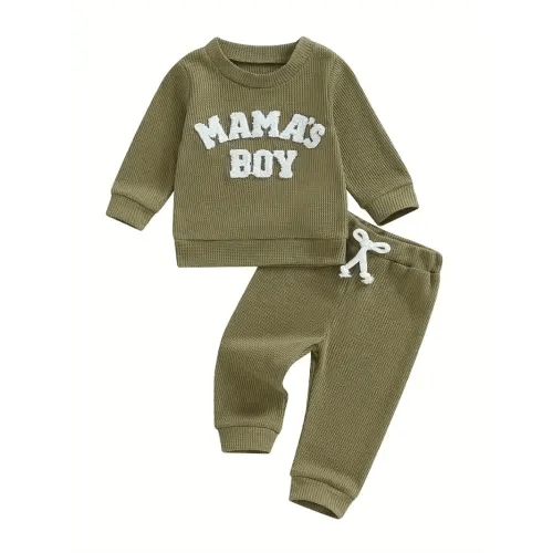 Baby Toddler Boy Fall Waffle Outfit, Letter Embroidery Long Sleeve Sweatshirt Elastic Waist Pants 2 Piece Set