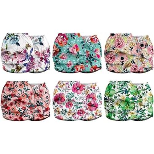Mama Koala 2.0 Cloth Diapers for Babies with AWJ Lining, 6 Pack with 6 Bamboo Cloth Diaper Inserts - Reusable and Washable Pocket Diapers (Bloomin' Lovely)
