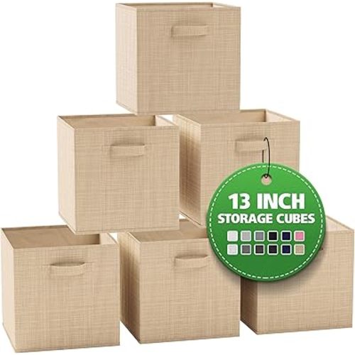 Fabric Storage Cubes for Cube Organizer - 6 Pack Heavy Duty Beige Storage Bins - 13 Inch Cube Storage Bin, Use As A Clothes Storage Box In Closet, Baskets For Shelves or Cubbies Storage bins