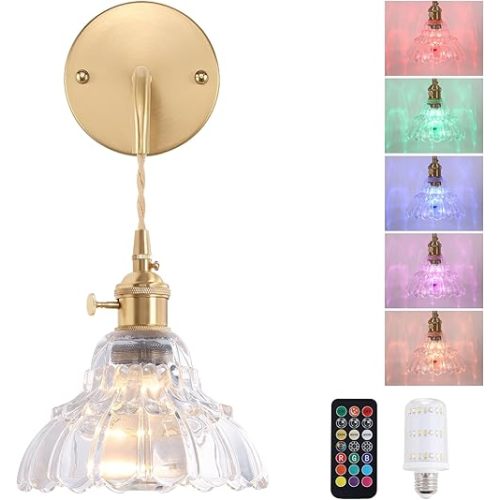 Battery Operated Wall Sconce Wall Lamp with Clear Lily of The Valley Shade Pattern Glass Adjustable Chain Retro Gold Wall Light, Modern Wall Lamp Fixtures Decor for Bedside Bedroom