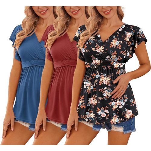 Ekouaer Maternity Shirts 3 Packs Flying Short Sleeve Nursing Tops Pregnancy Clothes