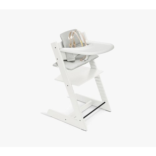 Stokke® Tripp Trapp® High Chair, Cushion (Classic Cushion), & Tray Bundle (Includes the Baby Set) - White High Chair, Nordic Grey Cushion, White Tray