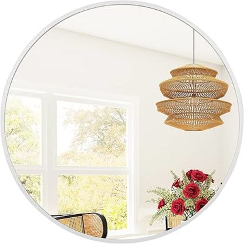 Golden State Art, 20" White Round Mirror, Circle Wall Mirror for Bathroom, Living Room, Bedroom, Wall Decor, Vanity and More Decorative Aluminum Circular Mirrors