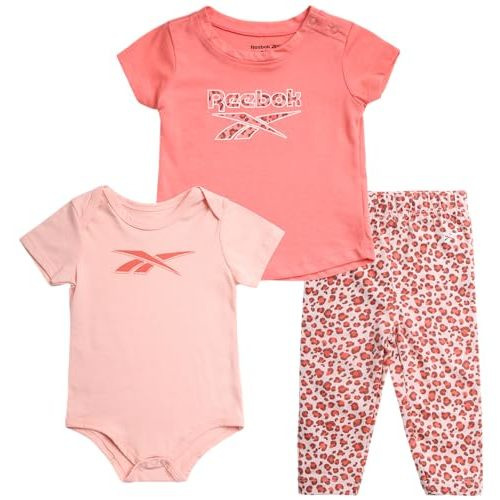 Reebok Baby Girls Clothing Set - 3 Piece Bodysuit, T-Shirt, Leggings Set - Newborn Essentials Clothing for Infants (0-9M)