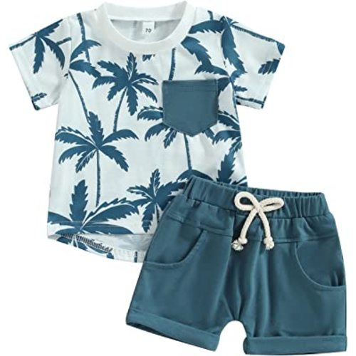Toddler Baby Boy Clothes Beach Short Sleeve Palm Print Hawaiian T-Shirt and Drawstring Shorts Set Summer Outfit