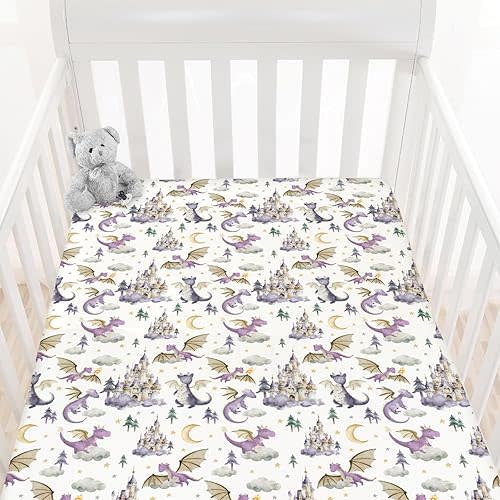HawSkgFub Cute Dragon Fairy Tale Fitted Standard Crib Sheet Baby Girl Shower Gift, Purple Castle Cloud Moon Star Pine Tree Toddler Mattress Cover, Soft Stretchy Nursery Bed Sheets Decor 52" x 28"