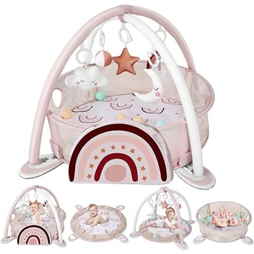 dearlomum 4-in-1 Baby Play Mat Baby Gym,Tummy Time Mat for Floor Activity Gym Ball Pit Including 30 Balls with 5 Infant Learning Sensory Baby Toys for Newborn Toddler Boy & Girl Gifts(Rainbow)