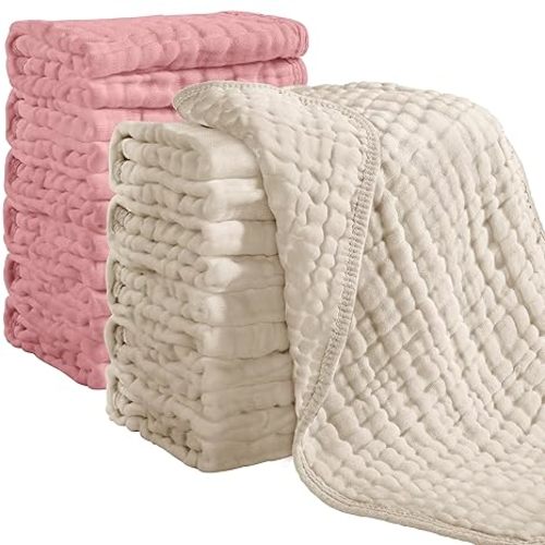 Looxii Muslin Burp Cloths 100% Cotton Muslin Cloths 12 Pack Large 20''x10'' Extra Soft and Absorbent Baby Burping Cloth for Boys and Girls (Apricot+Bean Red)
