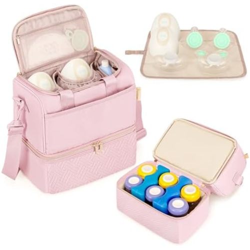 Fasrom Wearable Breast Pump Bag with Cooler Compartment Compatible with Momcozy, Medela and Willow Pumps, Portable Pumping Carrying Case with Waterproof Mat, Pink (Empty Bag Only)