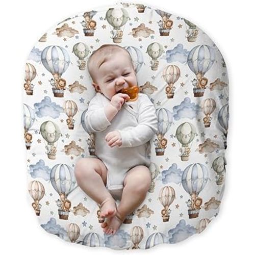 Newborn Lounger Pillow Cover Safari Jungle Animals Hot Air Balloon, Blue Cloud Star Baby Boy Shower Gift Removable Slipcover, Soft Snug Fit Infant Nursing Pillowcase (Lounger Not Included)