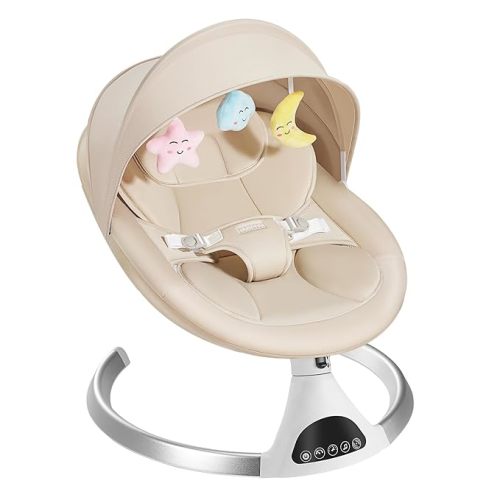 Electric Baby Swing for Infants to Toddler, Portable Babies Swinger for Newborn Boy and Girls with 5 Swing Speed, Remote Control Music Speaker with 12 Preset Lullabies Enabled Bluetooth (Khaki)