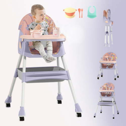 Hurber 4 in 1 Baby High Chair, Child Feeding Chair with Five-Point Harness, Retractable Detachable Dining Plate,Brakable Universal Wheel, Toy Rack, Purple