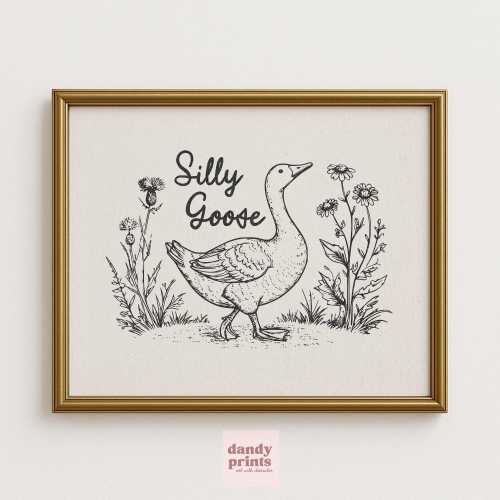 silly goose printable wall art | woodland nursery vintage prints | cottagecore downloadable prints | wall decor gift | trendy neutral poster