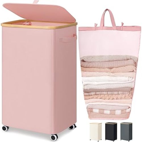Goodpick Laundry Basket with Wheels, Collapsible Clothes Hampers for Laundry with Removable Laundry Bag 100L Large Rolling Laundry Hamper with Lid for Bedroom, Bathroom, Pink