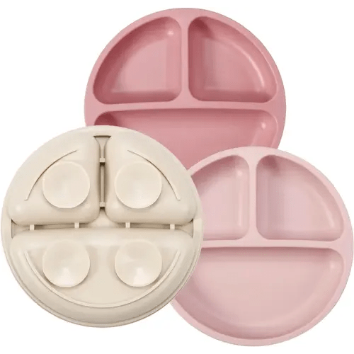 PandaEar 3 Pack Toddler Plates, Silicone Divided Suction Plate for Babies, BPA-Free 100% Food-Grade Silicone Unbreakable Baby Plate (Pink/Linen/Light Pink)