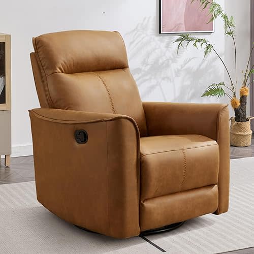 ANJ Manual Swivel Rocker Recliner, Glider Recliners with Padded Armrest and Backrest, Soft Leather Nursery Rocking Recliner Chair Reclining Sofa for Living Room
