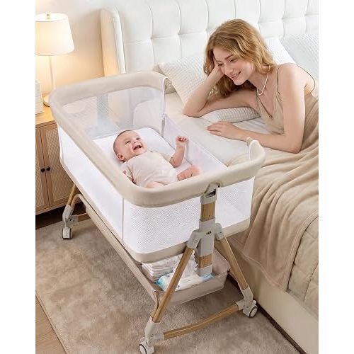 Baby Bassinet Bedside Crib, 3-in-1 Baby Bassinet Bedside Sleeper,Rocking Bedside Bassinet with Wheels, Adjustable Easy Folding Portable Bed for Infant Newborn (Beige)