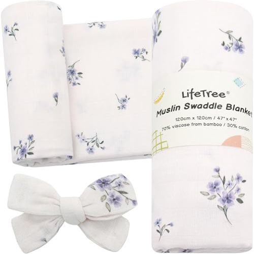 LifeTree Baby Muslin Swaddle Blankets for Boys & Girls, Newborn Swaddle Set with Matching Headband Bow, Infant Blanket Wrap, 47 x 47 inches, Purple Flower, 70% Viscose from Bamboo and 30% Cotton
