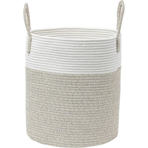 Laundry Baskets, Laundry Hamper,Baby Nursery Hamper for Living Room,Rope Woven Basket for Toys, Bedroom,Blanket Storage with Handle,13.7" X 15.7" Laundry Storage Basket (White & Brown)