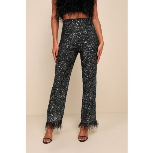 Total Sparkle Black and Silver Sequin Feather Wide-Leg Pants
