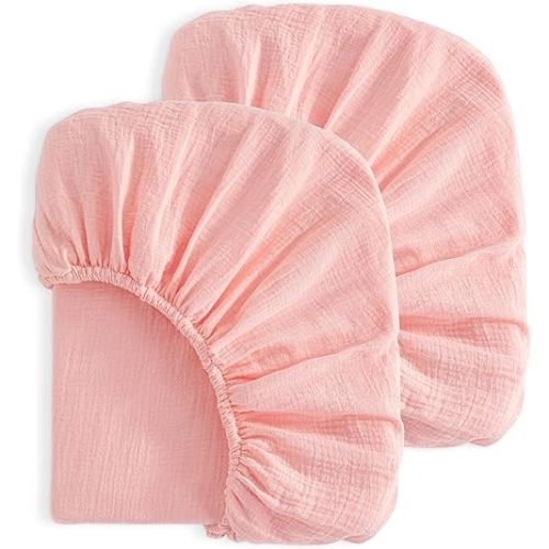 NTBAY 2 Pack Muslin Cotton Mini Crib Sheets, Soft and Breathable Double Layer 24x38 Baby Crib Sheets for Mini Crib and Toddler Mattresses, Boys, Girls, Unisex, Coral Pink, 24x38 Inches