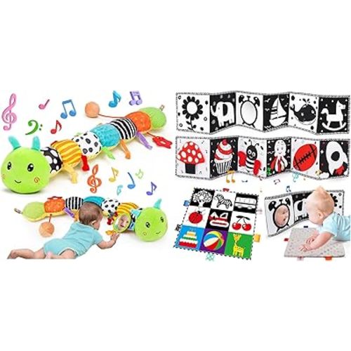 Baby Sensory Toy 0-3 Month Music Animal Stuffed Caterpillar Toy for Infant 0-3-6 Month Tummy Time with Black and White High Contrast Baby Toys 0-6-12 Months Soft Sensory Books