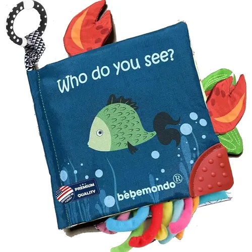 Fish Baby Book 0-6 Months,Touch Feel Cloth Crinkle Books for Babies,Infant Baby Toys 6-12 Months,Learning Education Soft Sensory Mirror Toy,Shower Gifts Easter for Boys Girls-Teether