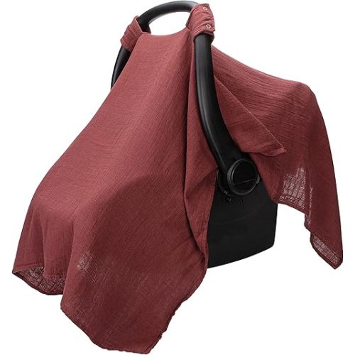 Comfy Cubs Baby Car Seat Cover - Soft, Breathable and Lightweight, 70% Rayon & 30% Muslin Cotton - Infant Car Seat Cover for Sun, Bug & Comfort Protection with Large Size Car Seat Canopy, Wine