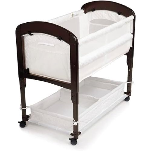 Arm’s Reach Cambria Co-Sleeper Bedside Bassinet Featuring Height-Adjustable Legs, Curved Wooden Ends, Breathable Mesh Sides with Pockets, and Large Lower Storage Basket, Espresso and White