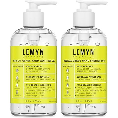 Medical Grade Hand Sanitizer Gel - 97% ORGANIC - 8 FL.OZ. (PACK OF 2)