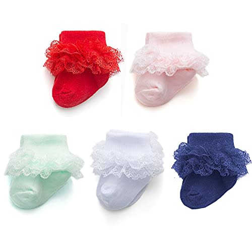 EPEIUS Baby-Girls Eyelet Turn Cuff Ruffle Lace Socks Triple Lace Dressy Socks Newborn/Infants/Toddlers 3/5 Pairs