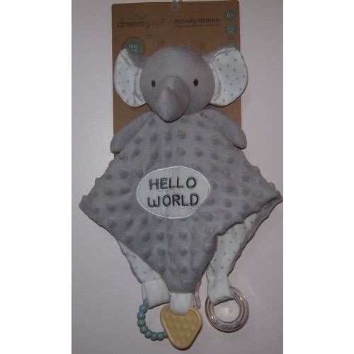 Dream Gro Elephant Hello World Sensory Activity Blankie Teether Rattle Ring Toy