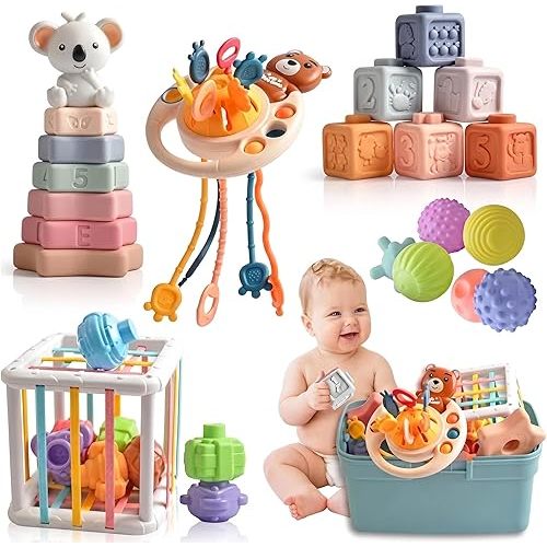 Baby Montessori Sensory Toys, Travel Stroller Infant Toy, 6-in-1 Pull String Activity Toy, Koala Stacker, Soft Blocks & Textured Balls for Babies 6+Months for Fine Motor Skills