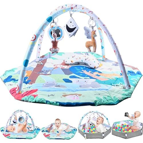 Baby Play Mat,Tummy Time Mat & Ball Pit with 6 Baby Toys,Baby Gift for Toddler Infants,Washable Baby Tummy Time Play Mat,Baby Gym Activity Play Mat for Visual,Hearing,Sensory,Motor Development