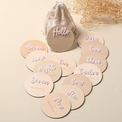 Ylsteed Baby Milestone Cards Wooden Monthly Milestone Cards with Announcement Signs Baby Months Signs Newborn Photo Props Baby Shower and Pregnancy Gifts for Boys Girls 3D Pattern 4 * 4" 13Pcs-White