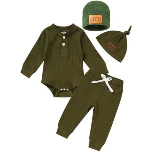 Newborn Baby Boy Girl Clothes Set Ribbed Outfits Solid Long Sleeve Tops Pants Romper Winter Fall Toddler 0-12 Months