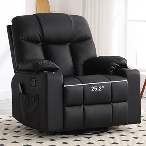 Bonzy Home Oversized Swivel Rocker Recliner, 40" Rocking Recliner Chair with Heated and Massage, PU Leather Single Sofa with Swivel Function, 2 Cup Holders for Living Room Bedroom, Black